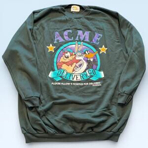 Vintage Looney Tunes Sweatshirt Mens Medium Green ACME Delivery Co Graphic 90s
